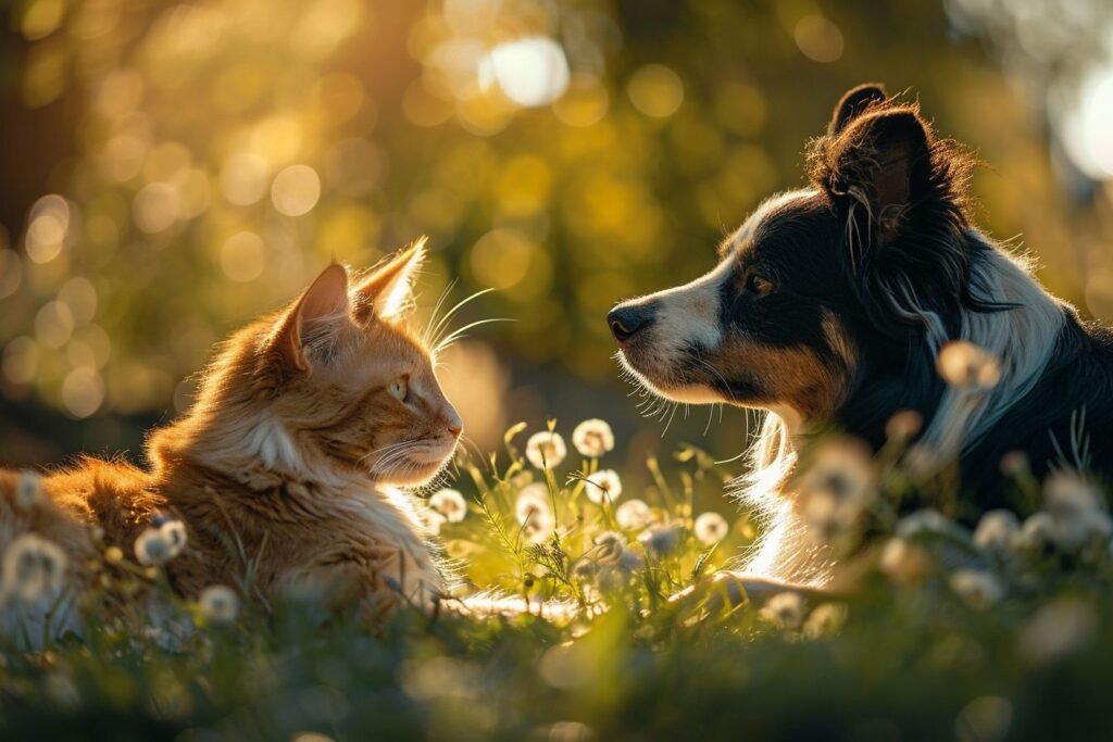 Chat et berger shetland dans l'herbe