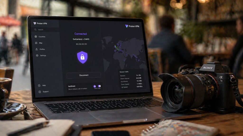 ordinateur portable dans un café de voyage affichant protonvpn, avec un appareil photo posé à côté 1