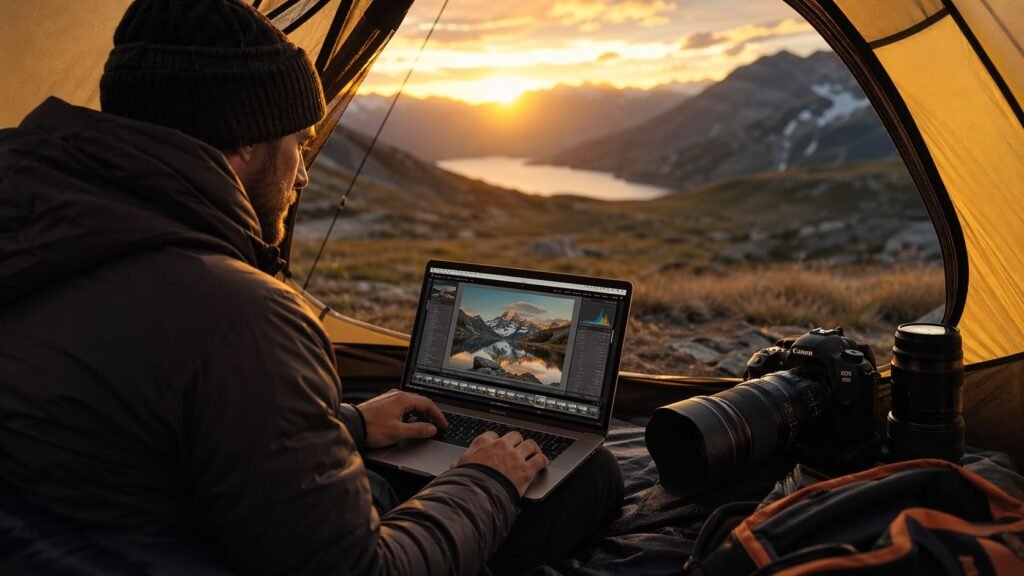 photographe retouchant ses images sur un ordinateur portable sous une tente en pleine nature au coucher du soleil 1