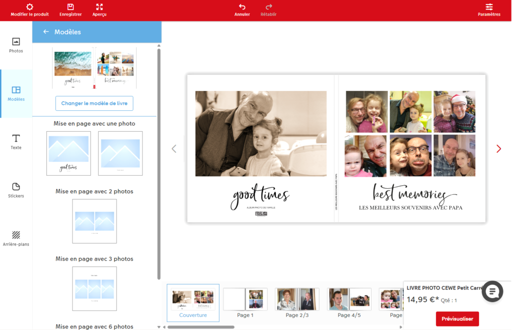 Les mises en page son nombreuses, même pour l'éditeur en ligne (ici sur un album de famille)